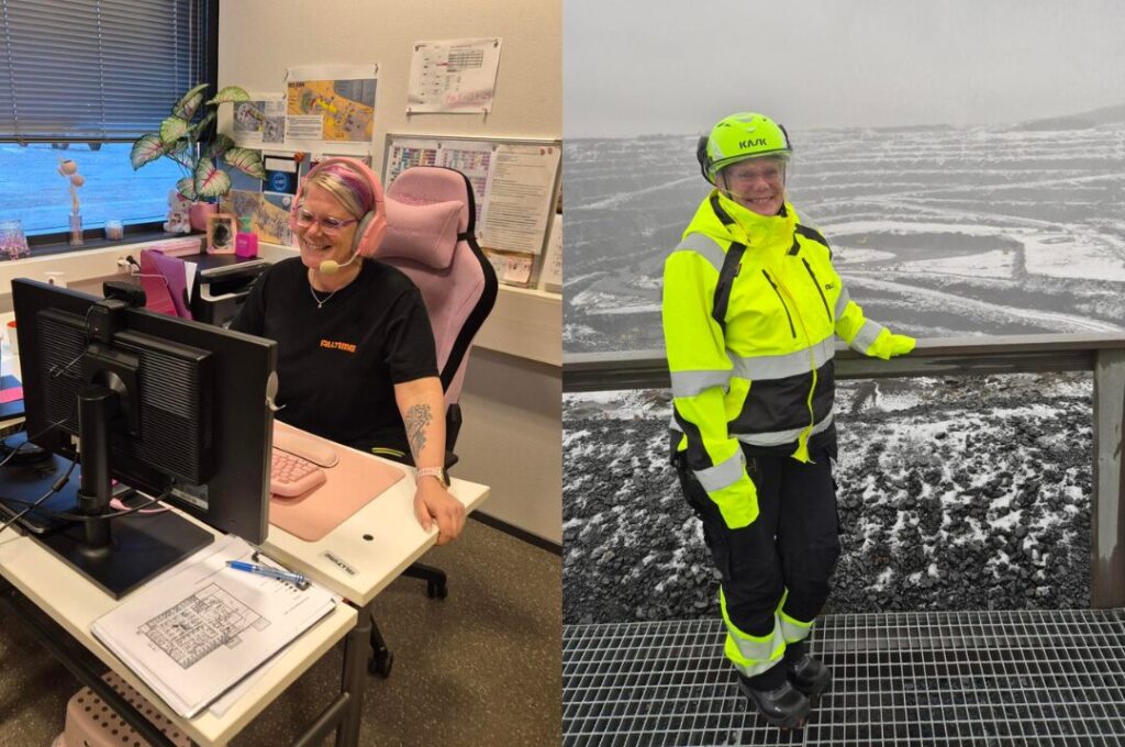 Rosita työpöytänsä ääressä sekä seisomassa kaivoksella.